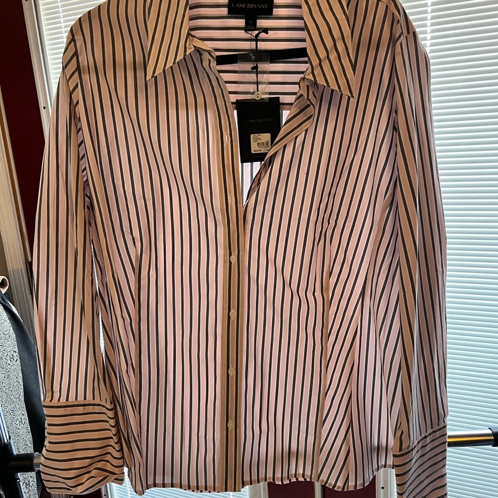 Lane Bryant pink and grey striped button down shirt
